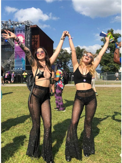 Women Rave Sheer Mesh Shiny Pants Flared High Waist Bell Bottom Pants for Party Dance Festival