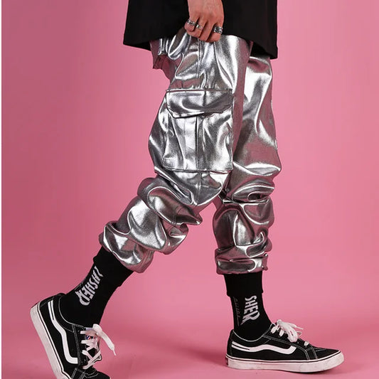 Casual Leather Harem Pant Male Streetwear Hip Hop Punk Silver Multi Pocket Cargo Trouser Stage Clothes DJ Singer Pant Men