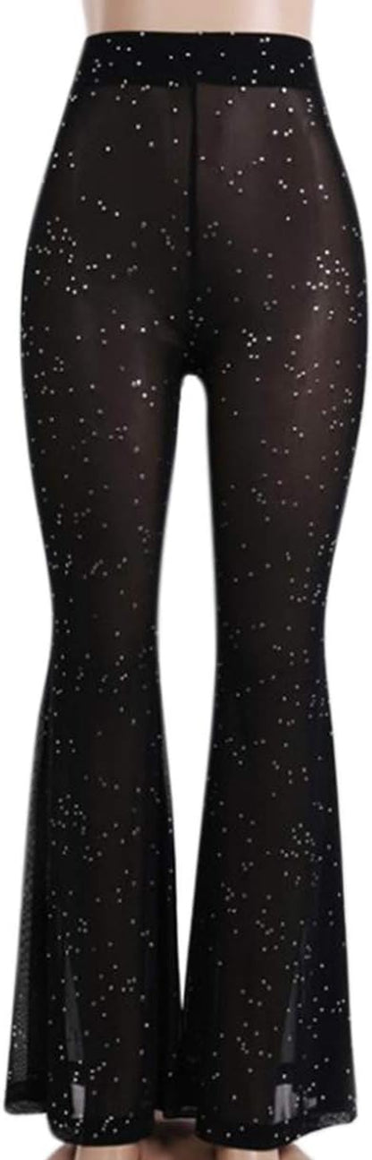 Women Rave Sheer Mesh Shiny Pants Flared High Waist Bell Bottom Pants for Party Dance Festival