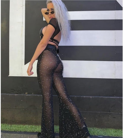Women Rave Sheer Mesh Shiny Pants Flared High Waist Bell Bottom Pants for Party Dance Festival