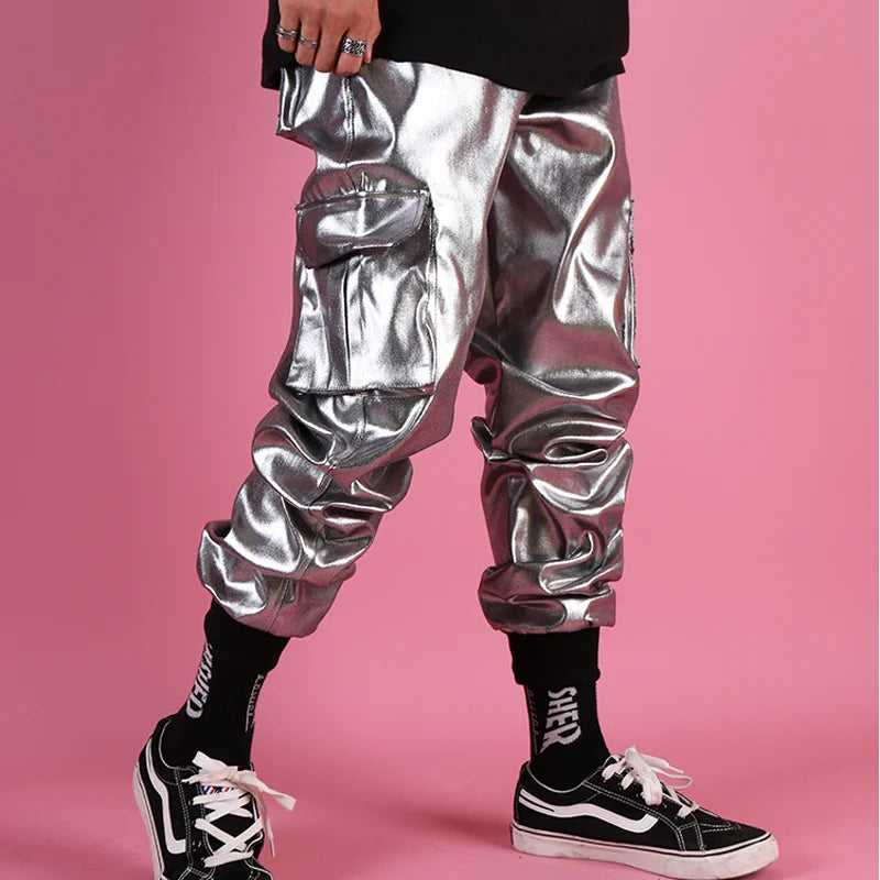 Casual Leather Harem Pant Male Streetwear Hip Hop Punk Silver Multi Pocket Cargo Trouser Stage Clothes DJ Singer Pant Men