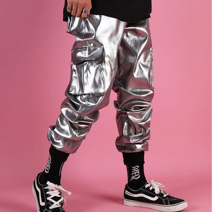 Casual Leather Harem Pant Male Streetwear Hip Hop Punk Silver Multi Pocket Cargo Trouser Stage Clothes DJ Singer Pant Men