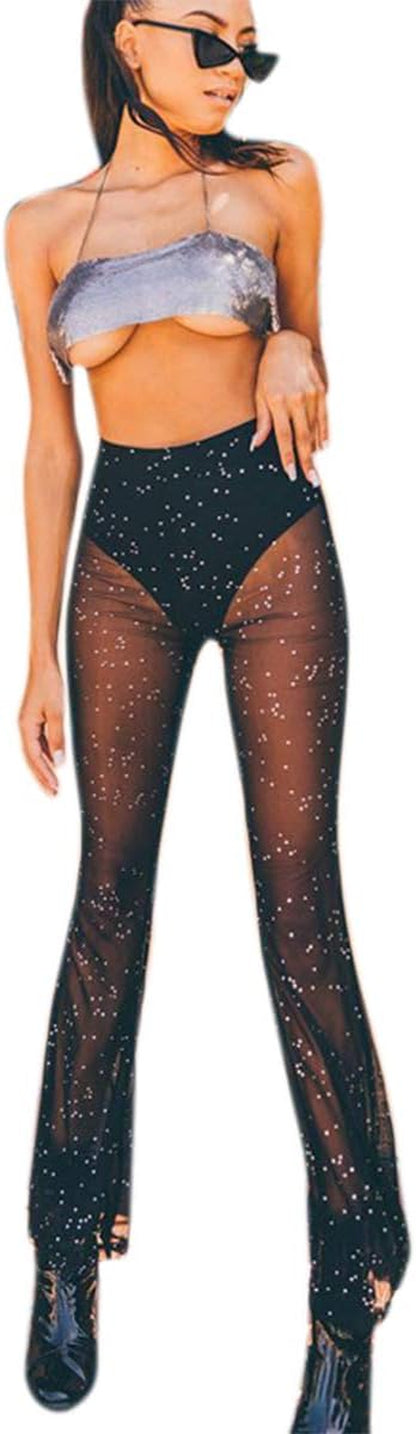 Women Rave Sheer Mesh Shiny Pants Flared High Waist Bell Bottom Pants for Party Dance Festival