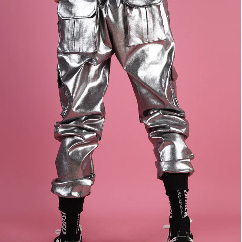 Casual Leather Harem Pant Male Streetwear Hip Hop Punk Silver Multi Pocket Cargo Trouser Stage Clothes DJ Singer Pant Men