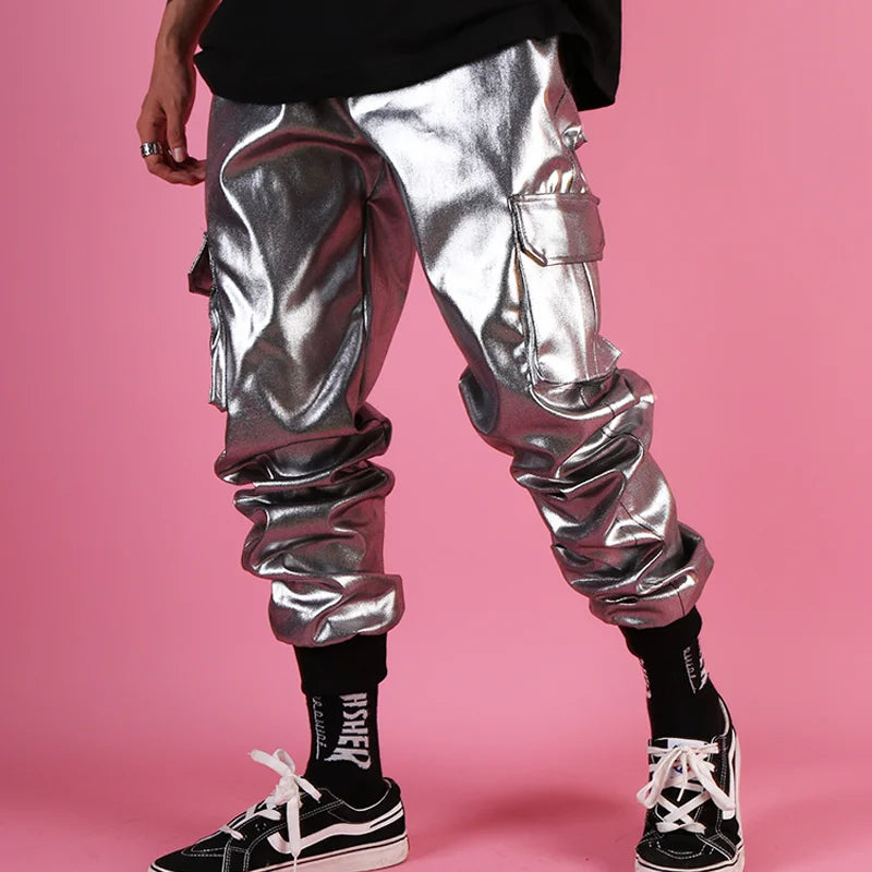 Casual Leather Harem Pant Male Streetwear Hip Hop Punk Silver Multi Pocket Cargo Trouser Stage Clothes DJ Singer Pant Men